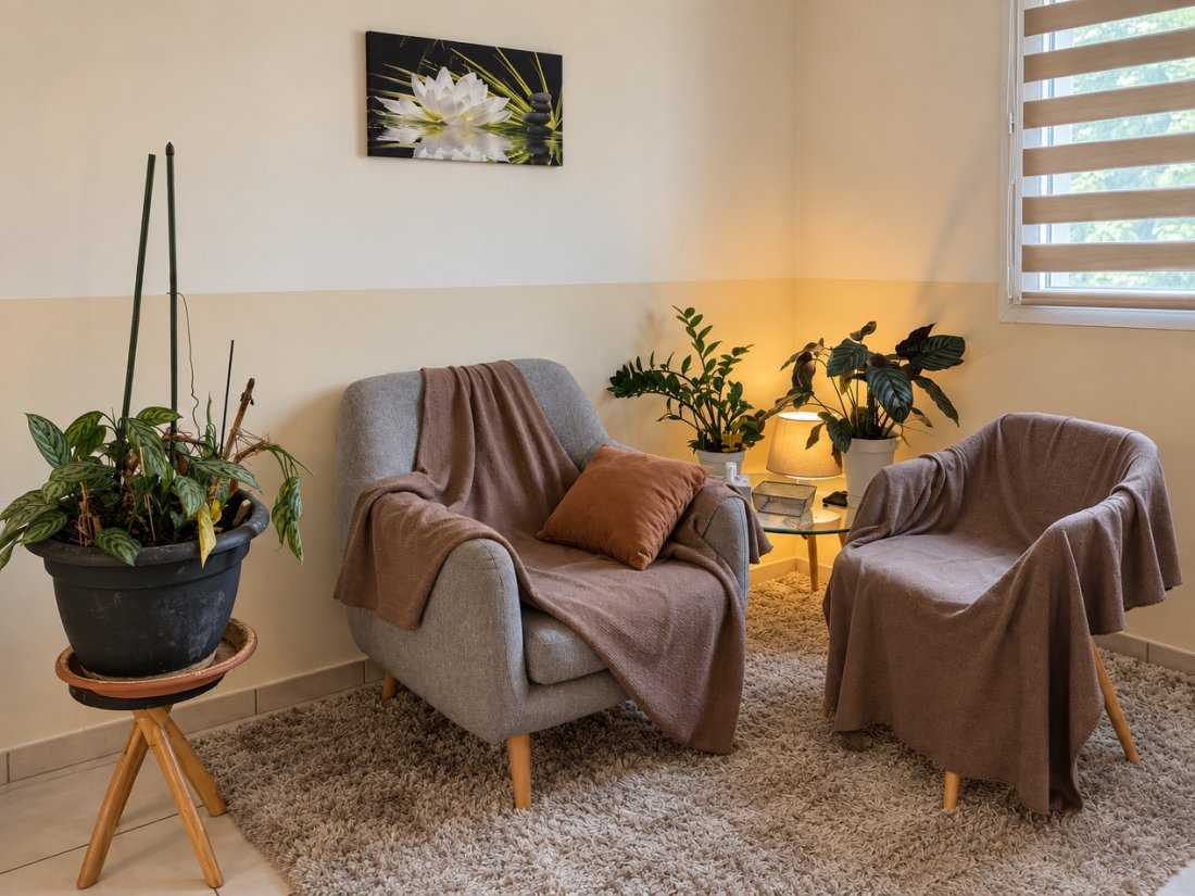 Les fauteuils du cabinet d’hypnose de Frédéric Garcia à Saint-Marcel-lès-Valence