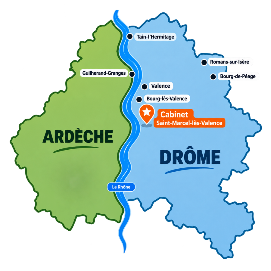 Carte illustrée du territoire Drôme Ardèche : Valence, Tain-l'Hermitage, Guilherand-Granges, Bourg-lès-Valence, Romans-sur-Isère, Bourg-de-Péage, ainsi que Die et Privas — zone d'intervention du cabinet d'hypnothérapie Frédéric Garcia