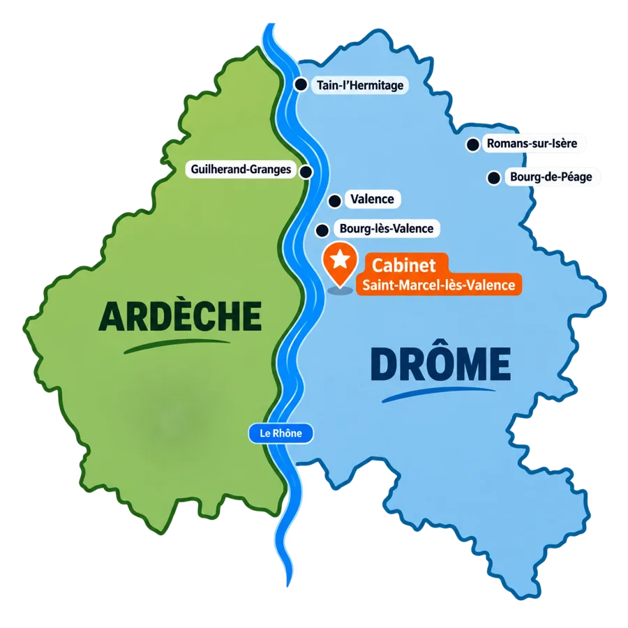Carte illustrée du territoire Drôme Ardèche : Valence, Tain-l'Hermitage, Guilherand-Granges, Bourg-lès-Valence, Romans-sur-Isère, Bourg-de-Péage, ainsi que Die et Privas — zone d'intervention du cabinet d'hypnothérapie Frédéric Garcia