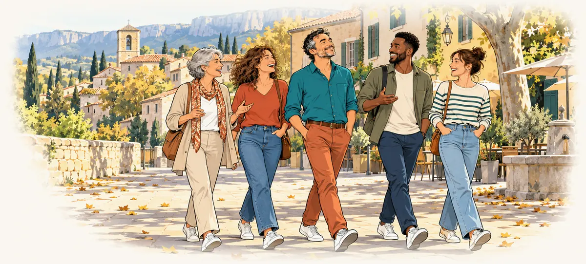 Un groupe d’amis marche ensemble, joyeux, sur la place ensoleillée d’un village en automne